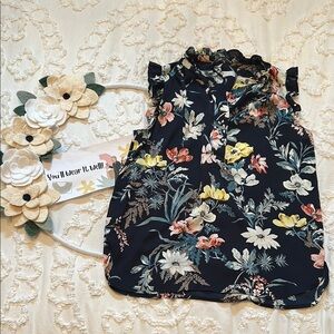 LOFT Navy and Yellow Ruffled Floral Blouse